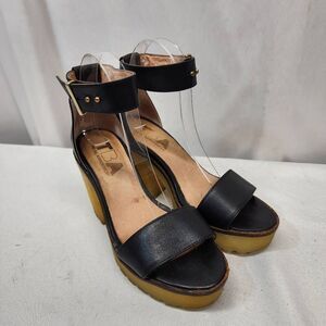 TBA To Be Announced Women's 7 Ankle-strap black Chunky Utility Thread Heel